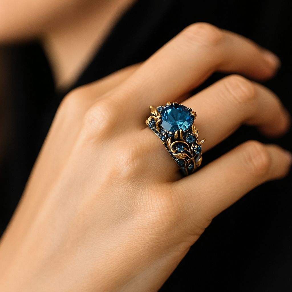 Exotische Blüete-Ring mit blauem Kristall