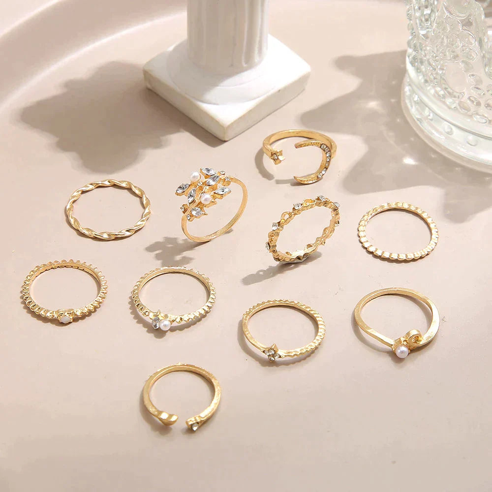 10-teiliges Boho-Ring-Set in Silber- und Goldoptik