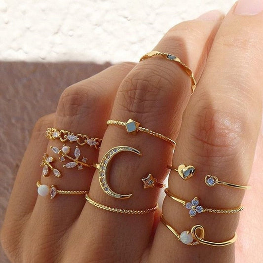 10-teiliges Boho-Ring-Set in Silber- und Goldoptik