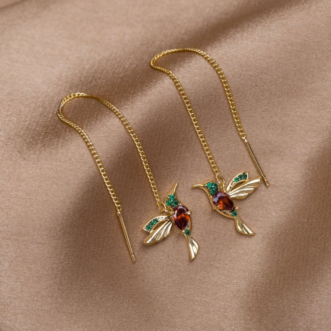 Aros con Borla y Colibrí de Cristal