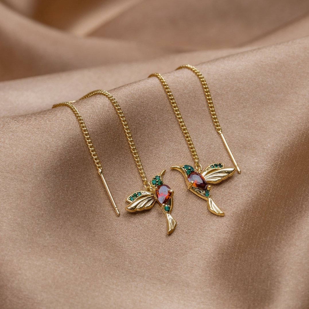 Aros con Borla y Colibrí de Cristal