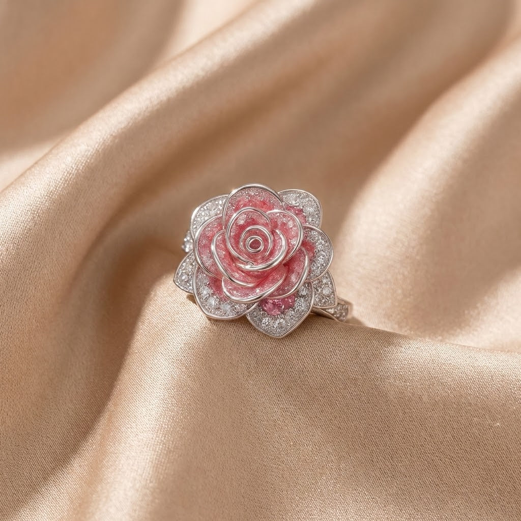 Exotischer Silberring mit rosa Blüte
