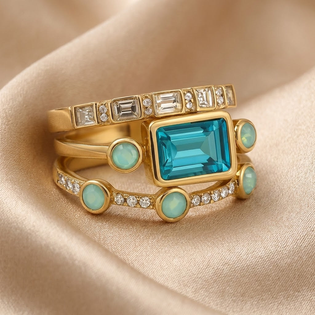 Vintage-Ring-Set mit blauem Kristall