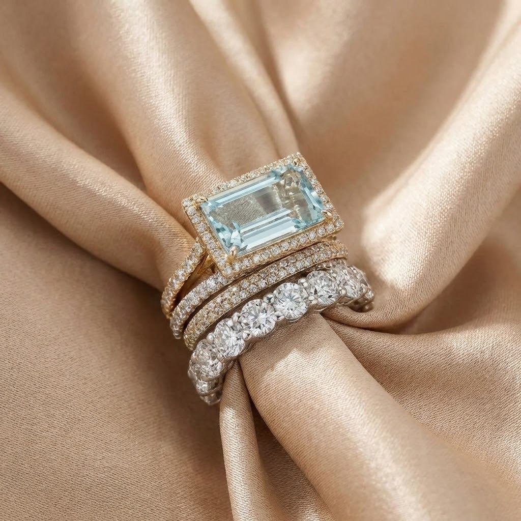 Vintage-Ring-Set aus Silber mit türkisfarbenem Glas