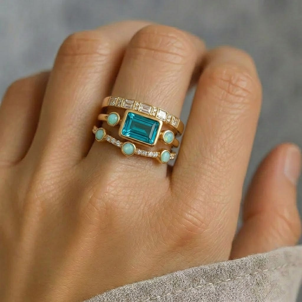 Vintage-Ring-Set mit blauem Kristall