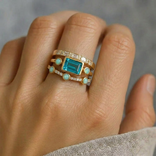 Vintage-Ring-Set mit blauem Kristall